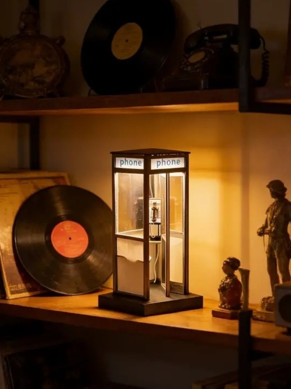 Vintage Style Phone Booth Table Lamp in Black and Glass
